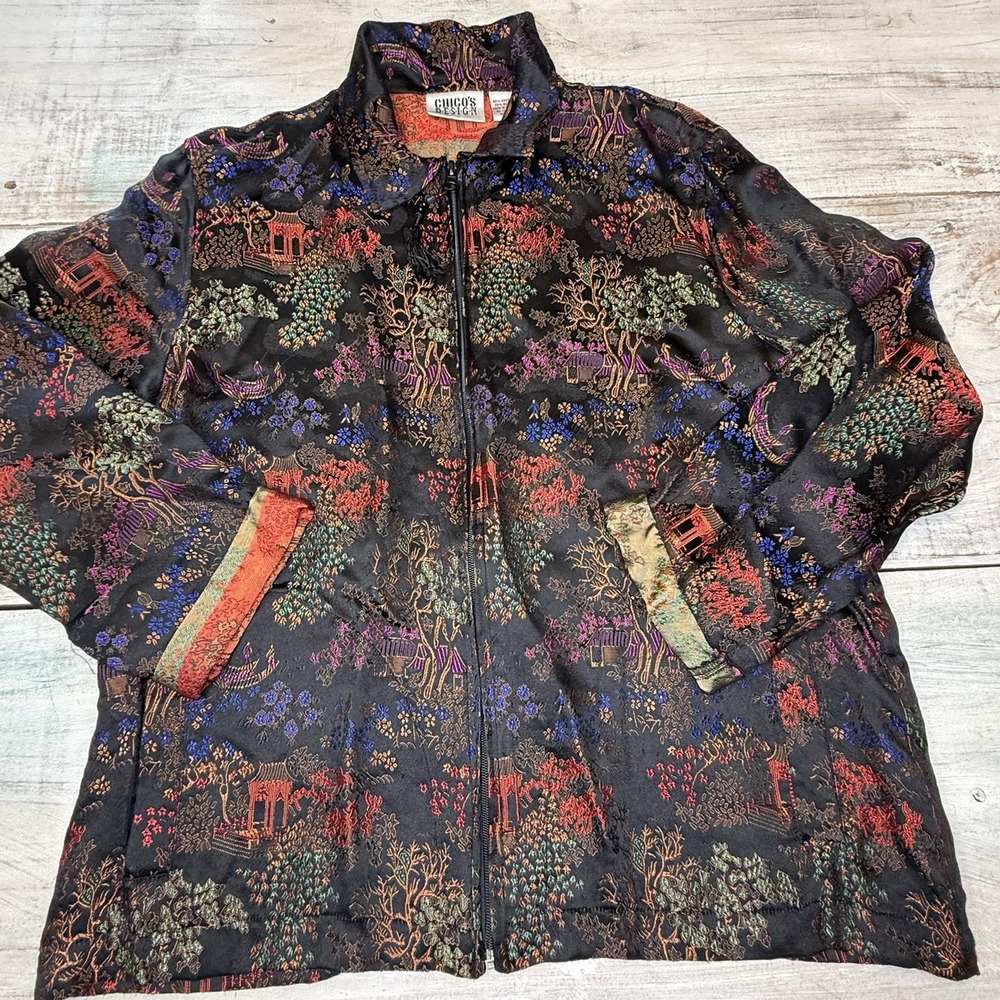 Chicos Asian Inspired Print Jacket Full Zip Colorful Womens size‎ M EUC